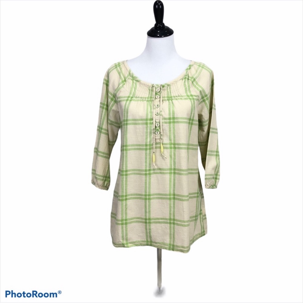 Mossimo smocked round neck with 1/4 button placket peasant style blouse